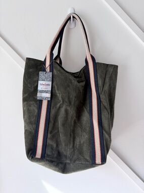Italian Leather Tote Bag Olive Green  with Stripe Strap | Made in Italy